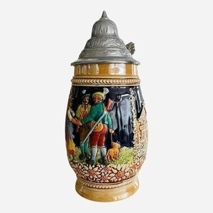 Vintage Authentic German Beer Stein 8.5” Ceramic Tankard with Silver Lid 0.8L VG